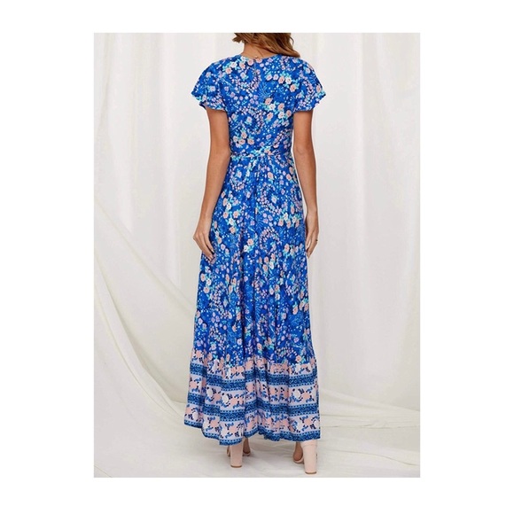 BLUE BOHEMIAN FLORAL V NECK MAXI WRAP DRESS - Picture 5 of 5